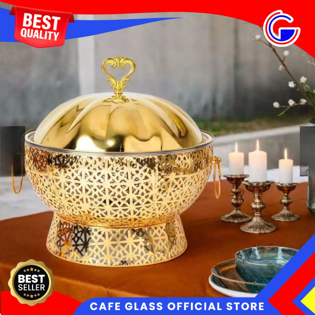 Wadah Prasmanan 8L Tudung Saji Love Gold - Nampan Mangkok Stainless Rak Gantung - Chafing Dish Hotel Buffet