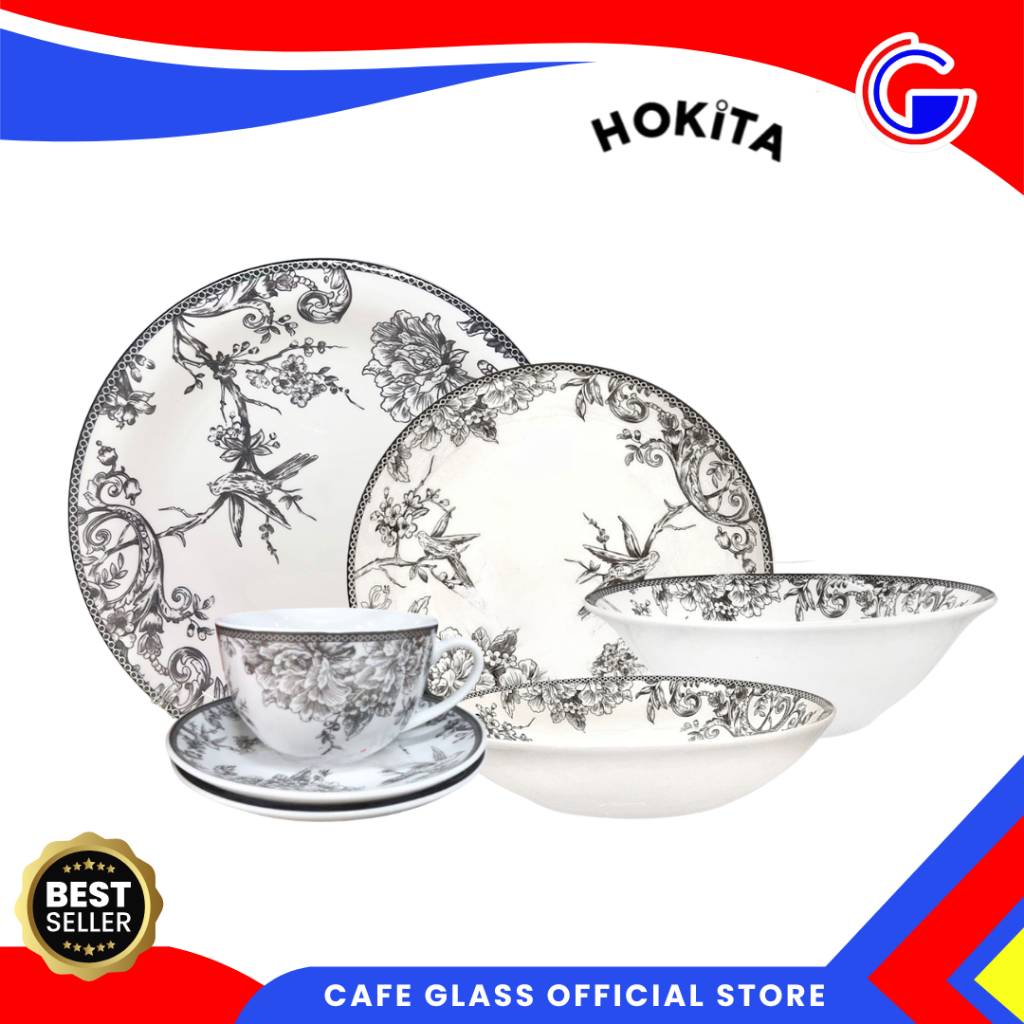 Dinner Set Keramik Secret Garden Grey - Piring Mangkok Cangkir Lepek Set - Hokita Tableware Hampers