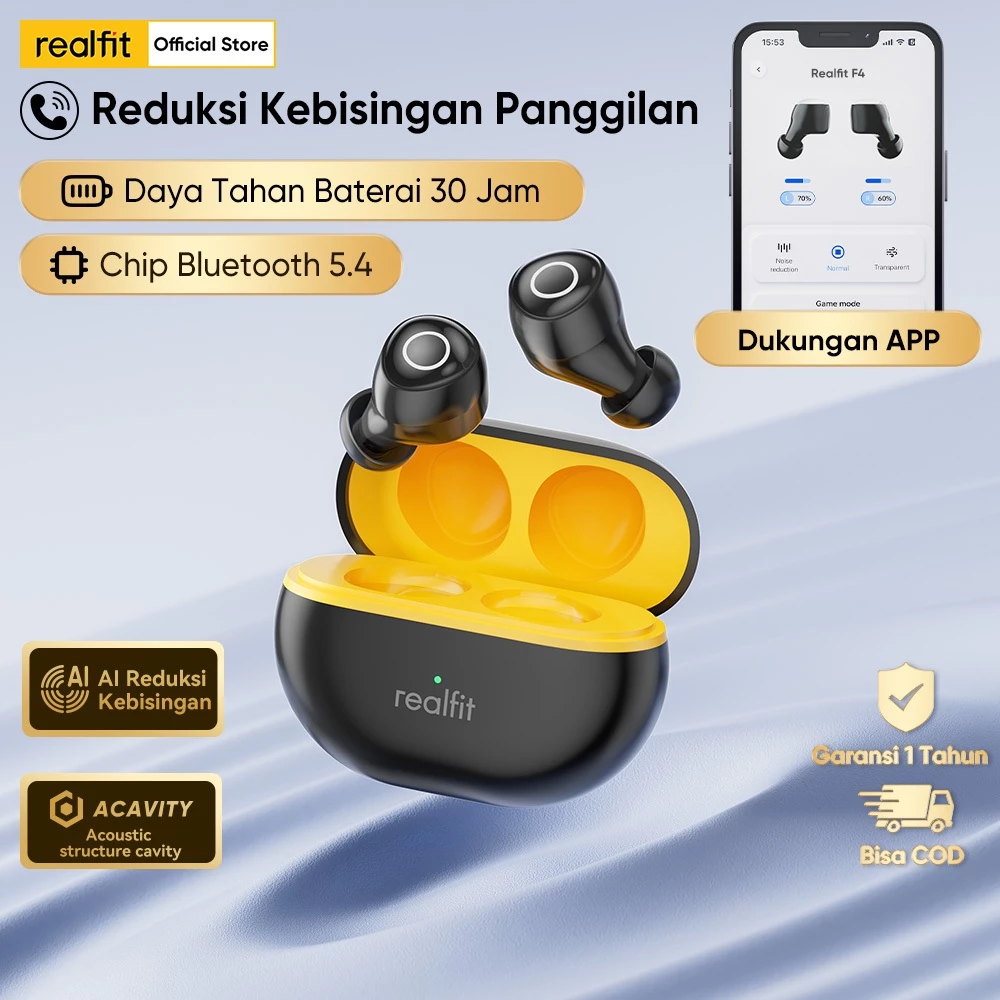 [ORI]Realfit F4 Earphone Tidur ANC Noise Cancelling TWS Bluetooth Anti Bising Nyaman Bass Dalam Sleep Earbuds APP
