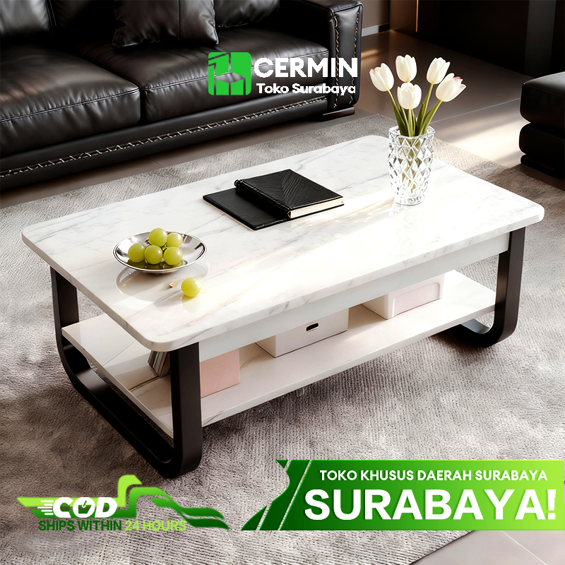 Pengiriman Dari Surabaya---Meja Kopi Corak Marmer Tiruan Gaya Minimalis 2 Lapisan Mewah untuk Ruang Tamu