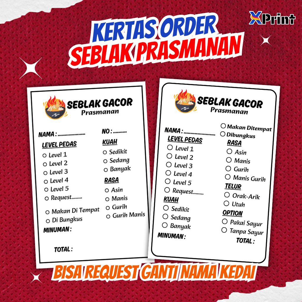 Jual [100pcs V2] Kertas order seblak logo / kertas pesanan menu seblak ...