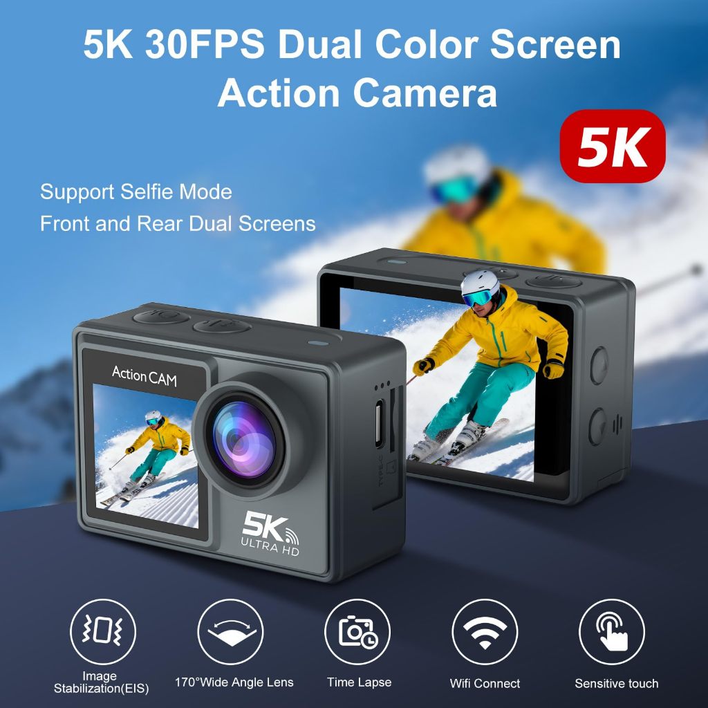 Jual TEEKA 5K WiFi Action Camera 1050mAh with Front LCD & Touch Screen ...