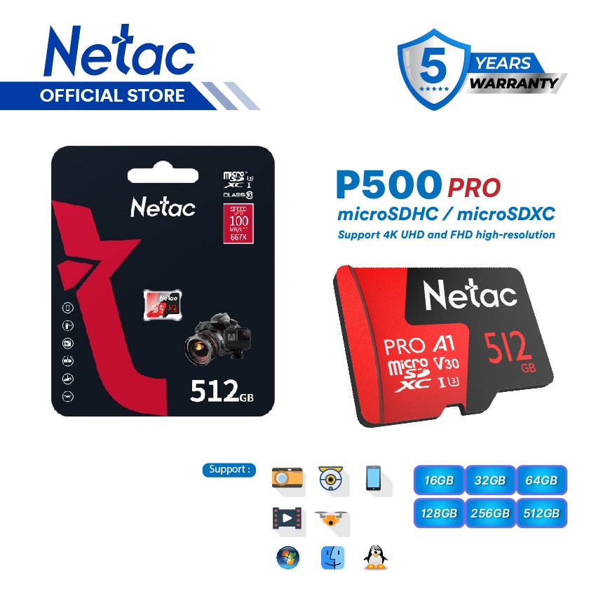 Jual Netac MicroSDXC P500 Pro 512GB MicroSD Card V30/A1/U3 Class 10 up ...
