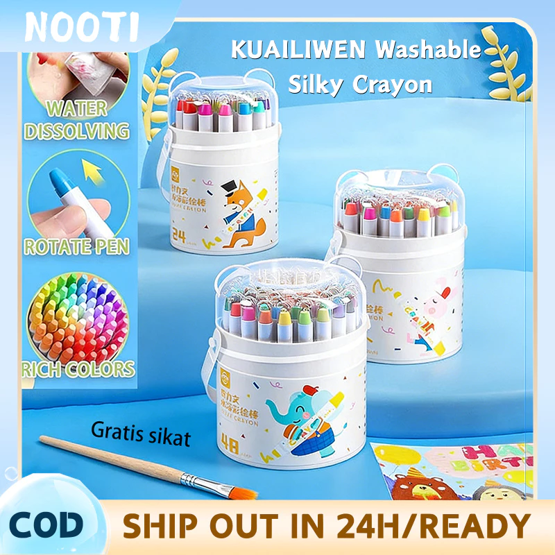Krayon Silky Washable 24/36/48 Warna - Crayon Putar Anak Non-Toxic + Kuas