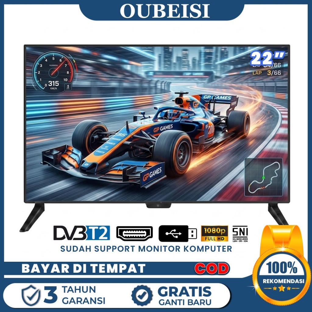 OUBEISI TV LED 22 Inch HD 1280x1024 Resolusi Digital Televisi Murah Monitor LED Dengan HDMI & USB Garansi 3 Tahun TV LED 21 Inch DVB-T2 HDMI USB Garansi 3 Tahun