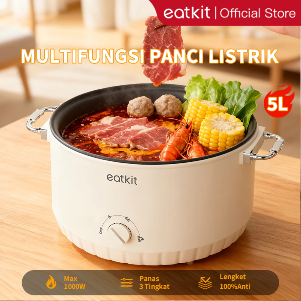 Eatkit Panci Listrik 3L/5L Anti Lengket Dengan Kukusan Multi Cooker 1000 Watt Kompor listrik Serbaguna