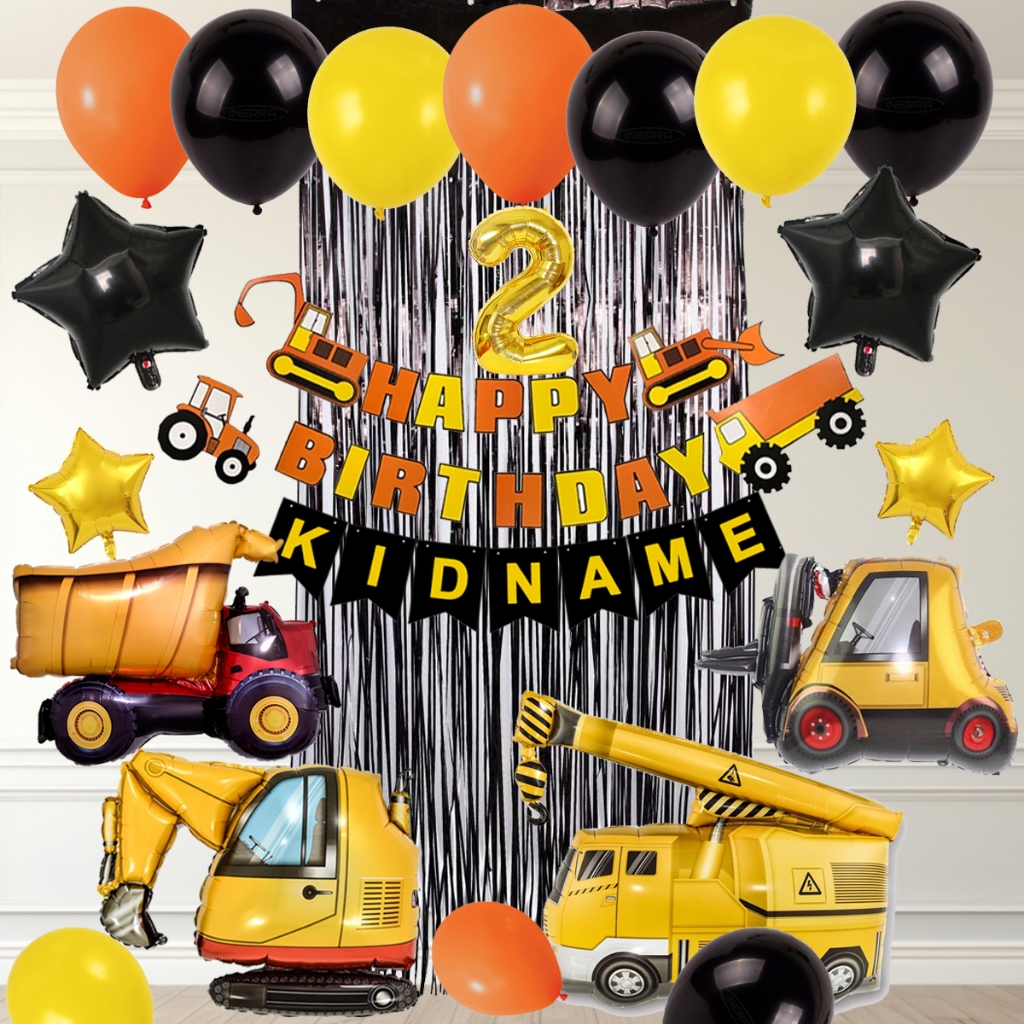 (Paket Balon Lengkap)CONSTRUCTION SIMPLE DEKORASI SET/Balon konstruksi ulang tahun - lengkap dengan tirai rumbai dan nama anak, balon mobil konstruksi