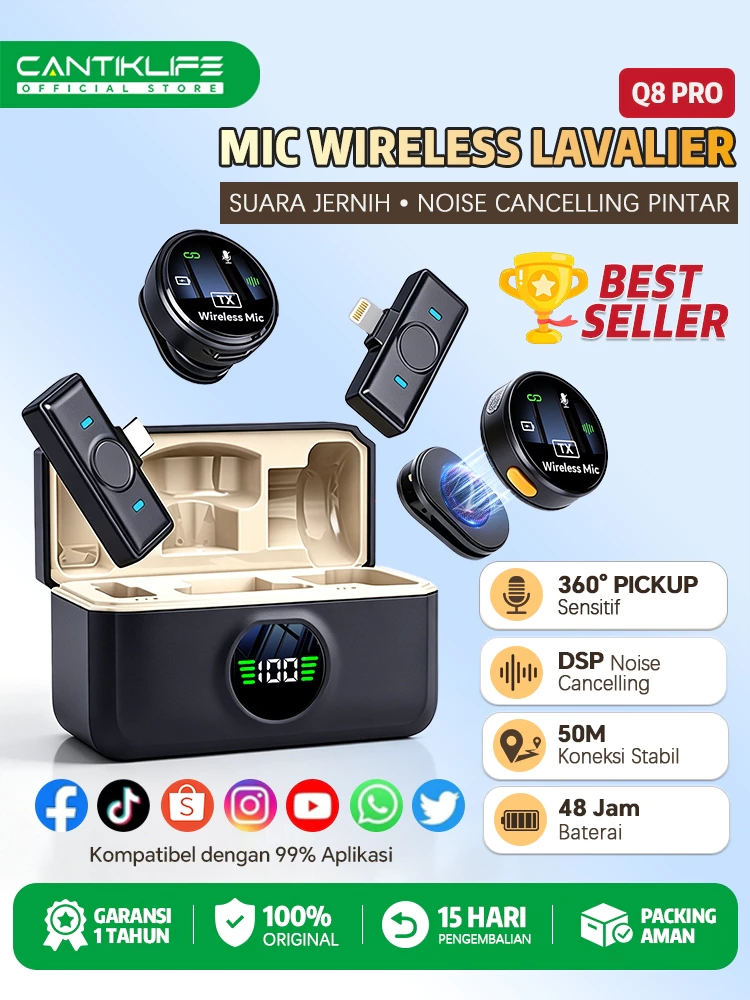 Cantiklife Q8 Mikrofon Wireless Clip On Magnetic Dual Lavalier Mic HP IOS Type C Plug & Play dengan Charging Case untuk Live Streaming TikTok YouTube Rekaman Video