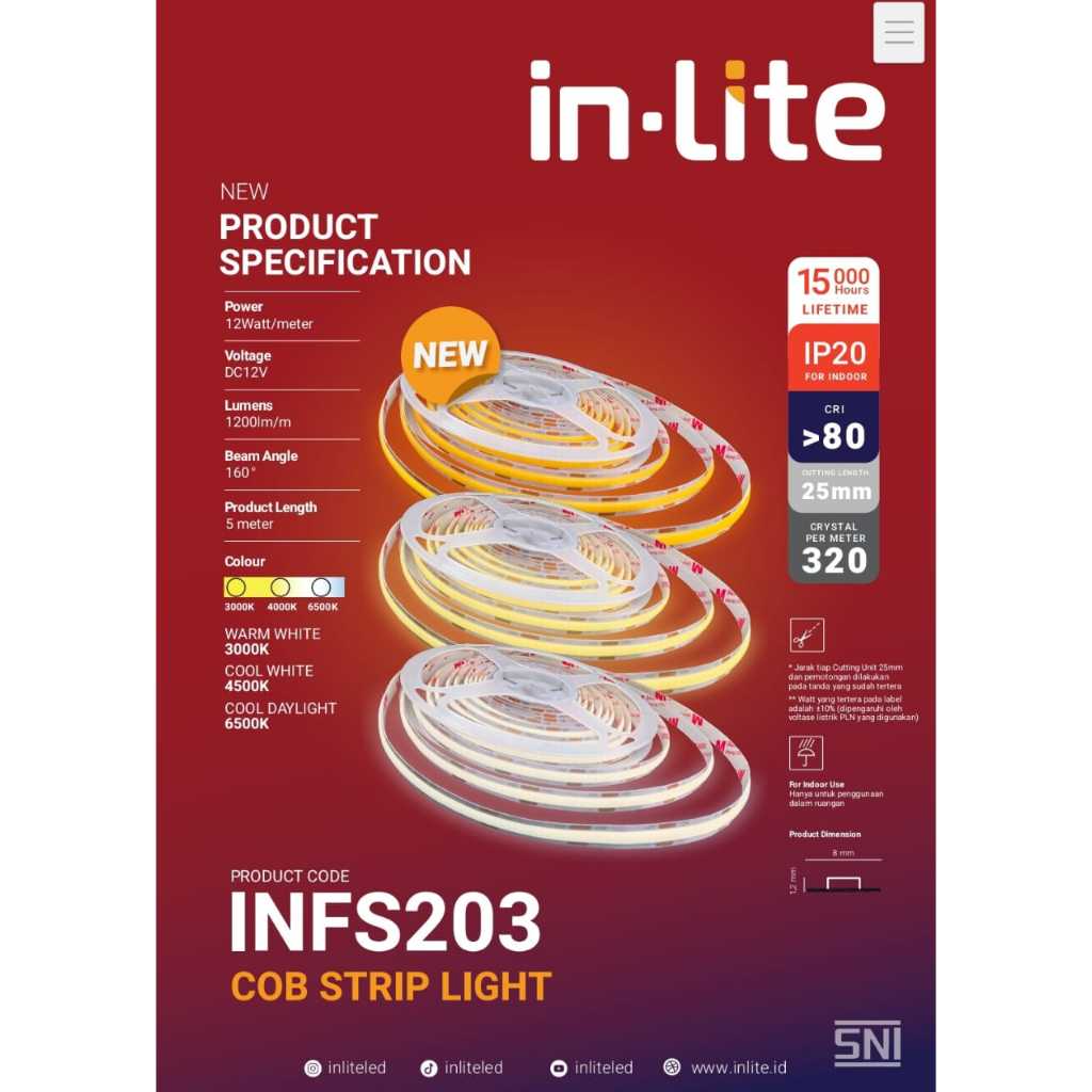 Jual IN LITE LED STRIP COB DOTLESS IP20 INDOOR 12W/M 12V 5MTR INFS203 ...