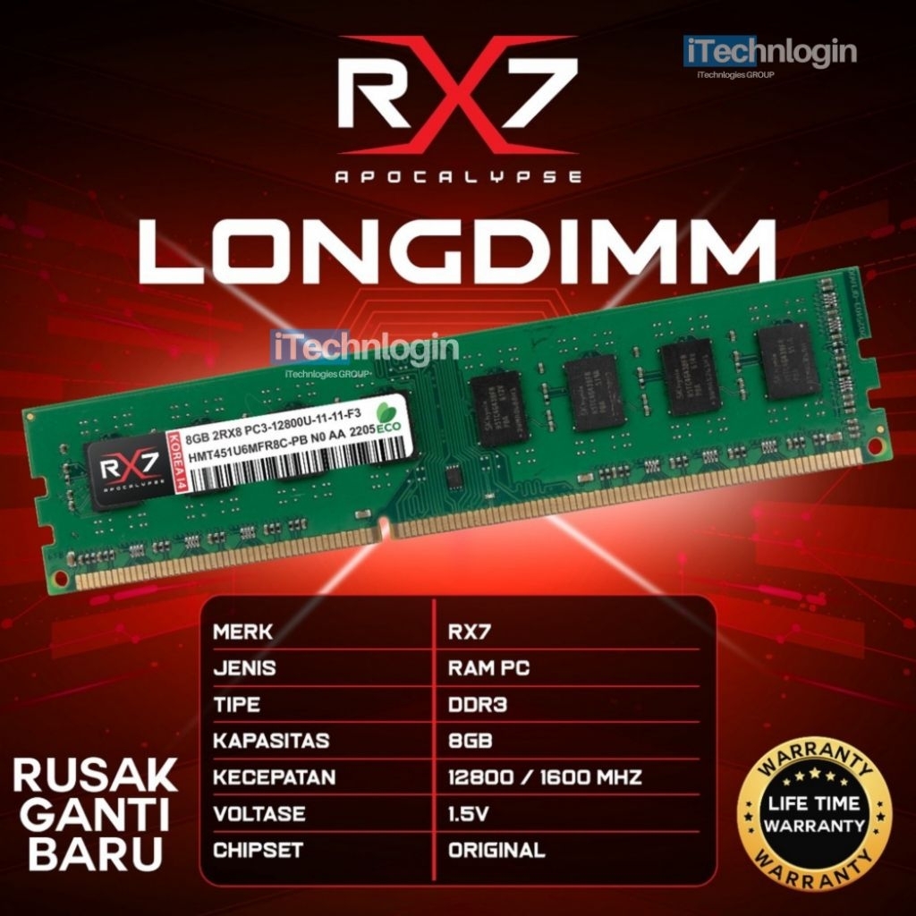 Jual RAM PC RX7 DDR3 8GB/4GB 12800 Mhz 1.5V GARANSI LIFETIME WARRANTY ...