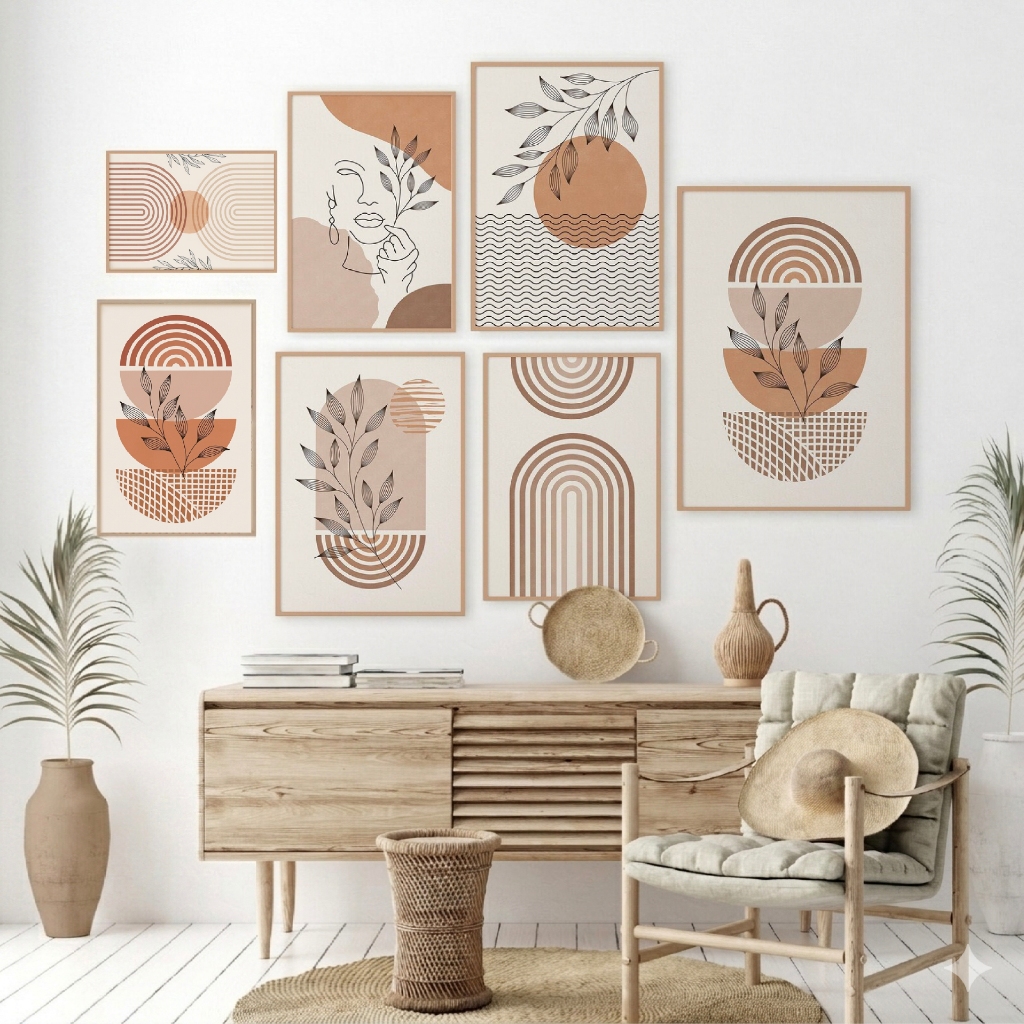 Hiasan Dinding Natural Boho Bohemian Retro Wall Art Block Lines Dekorasi Ruang Tamu Aesthetic