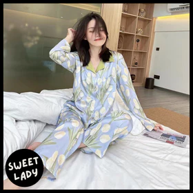 Pajamas Set Floral Series Tulip Piyama Satin Silk Baju Tidur Wanita Dewasa Remaja Elegant BTW 06