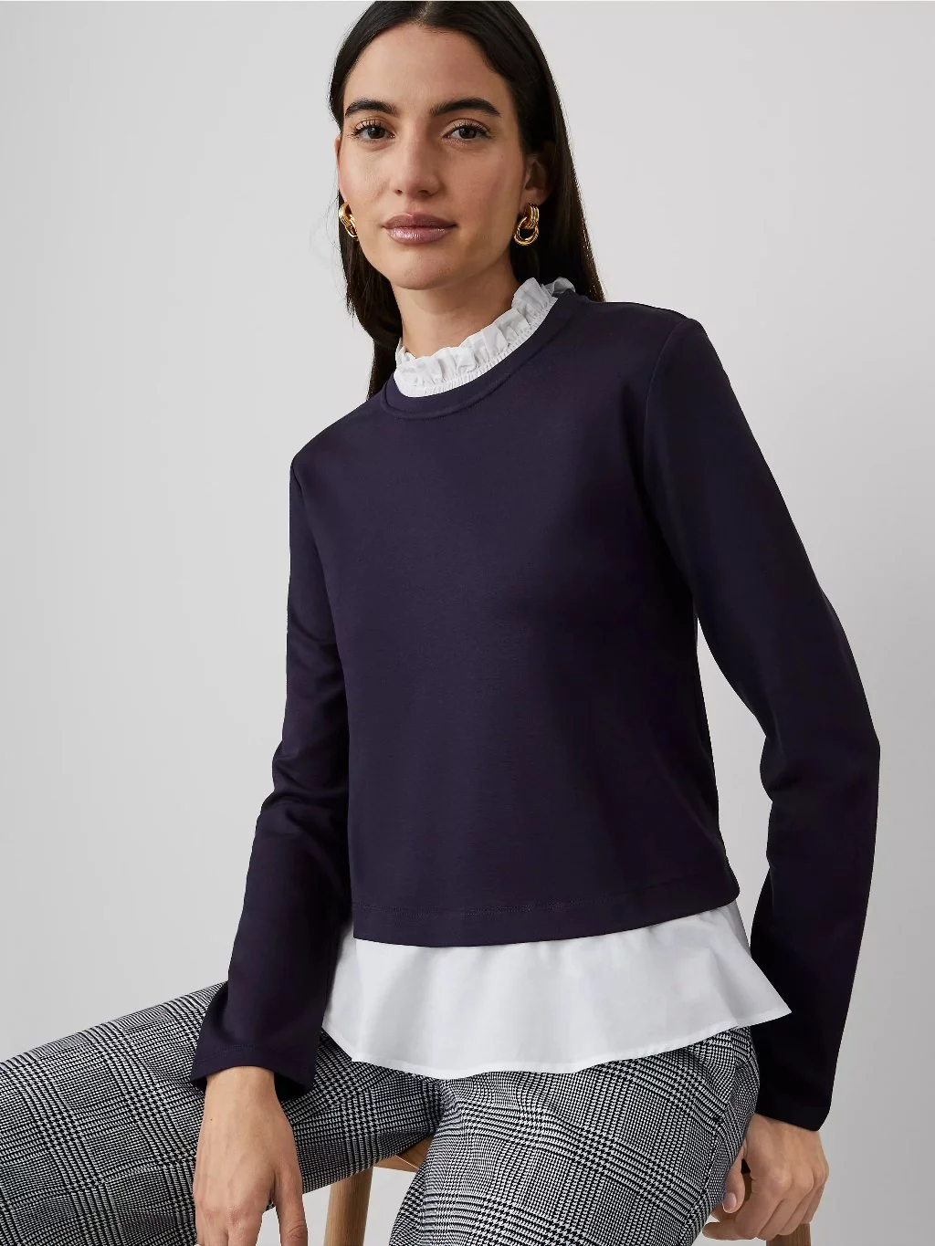 Blus Atasan Lengan Panjang Wanita AT Ruffle Mix Media Top - 2311
