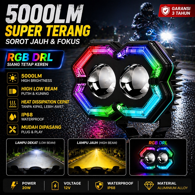 Jual Lampu Tembak LED Motor 3 Inch 5000LM Super Terang – RGB DRL Sorot ...