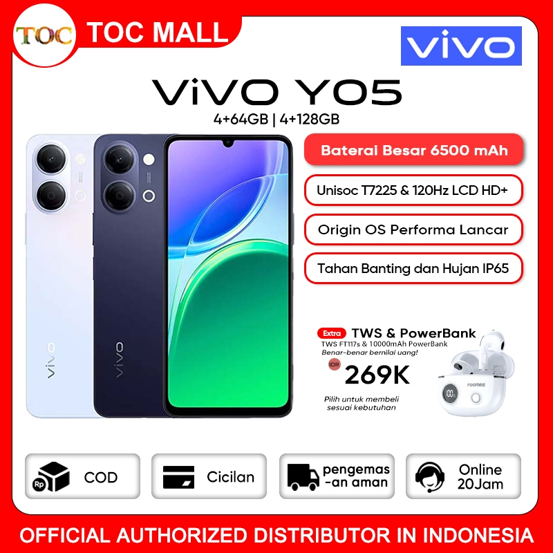 Vivo Y05 4/64GB 4/128GB 6500mAh Battery Tahan Hujan IP65 Garansi resmi 1 Tahun Bisa COD