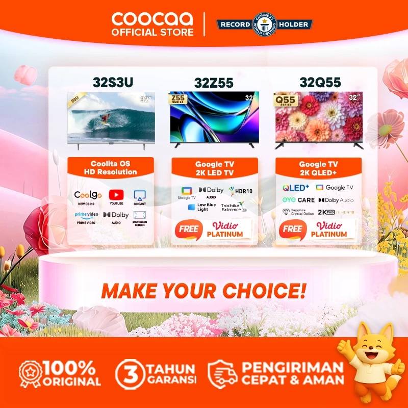 COOCAA 32 inch S3U Smart TV tampak depan dengan layar HD