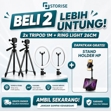 STORISE Paket Komplit Ring Light 26cm Tripod 1 Meter Stand Hp Make Up Vlog Lampu Ringlight