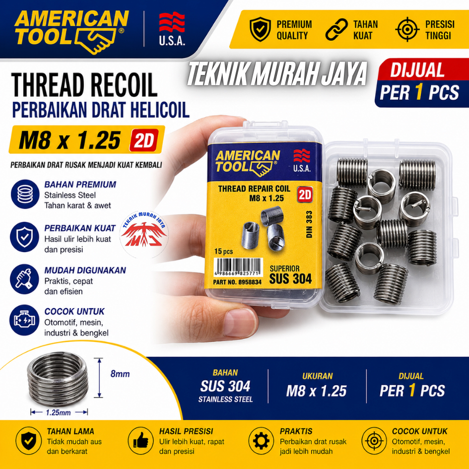 Jual AMERICAN TOOL 8958834 Thread Recoil Perbaikan Drat Helicoil M8 X 1 ...