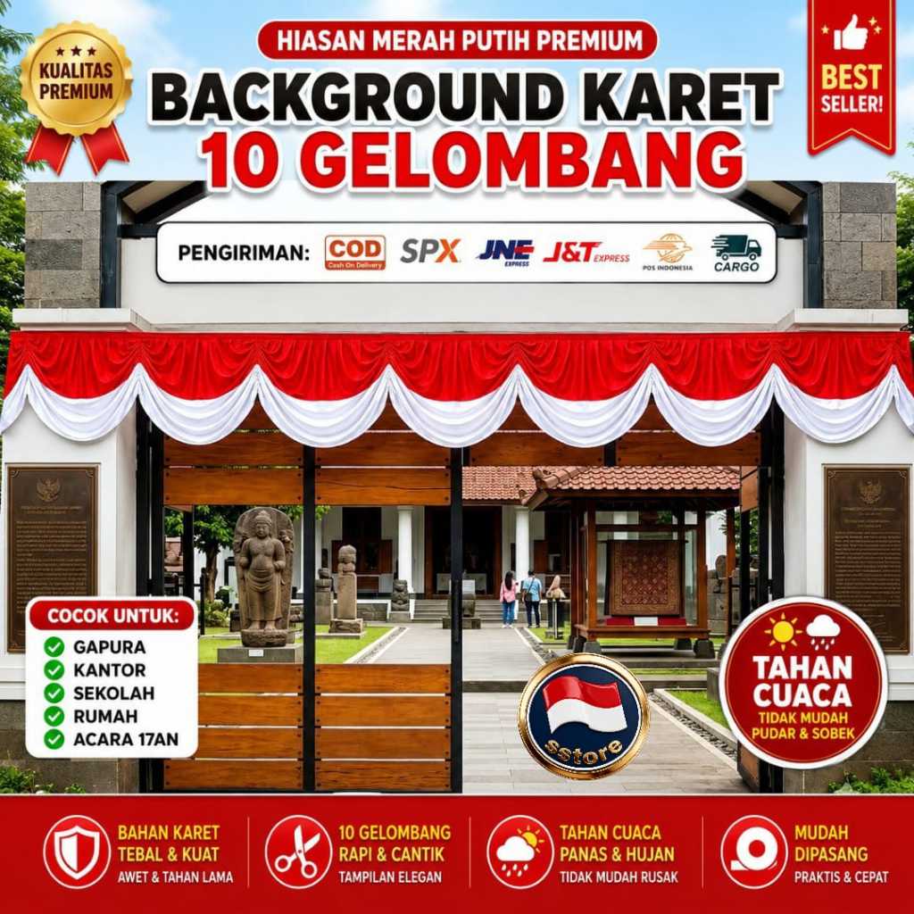 Bendera Background KARET Merah Putih Rumbai Premium 4-8 Meter | Dekorasi Hiasan Acara 17 Agustus, Hajatan, Gedung, Panggung
