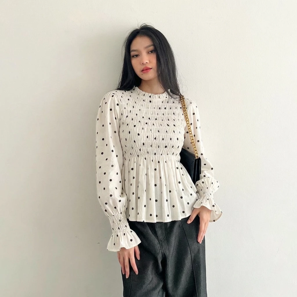 Mecloth - Blouse Polkadot Atasan Wanita Lengan Panjang Blouse Kerut Korean Lengan Balon - foto 1