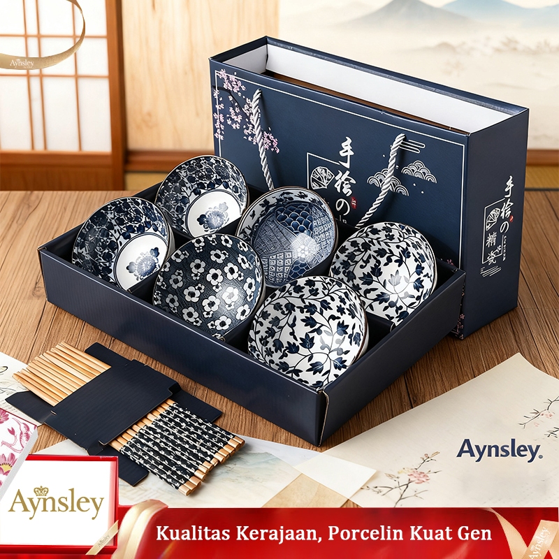 Aynsley-Seri Bunga Vintage Souvenir mangkuk keramik set biru dan putih berkualitas tinggi mangkuk keramik kotak hadiah mangkuk Jepang kado pernikahan mangkok