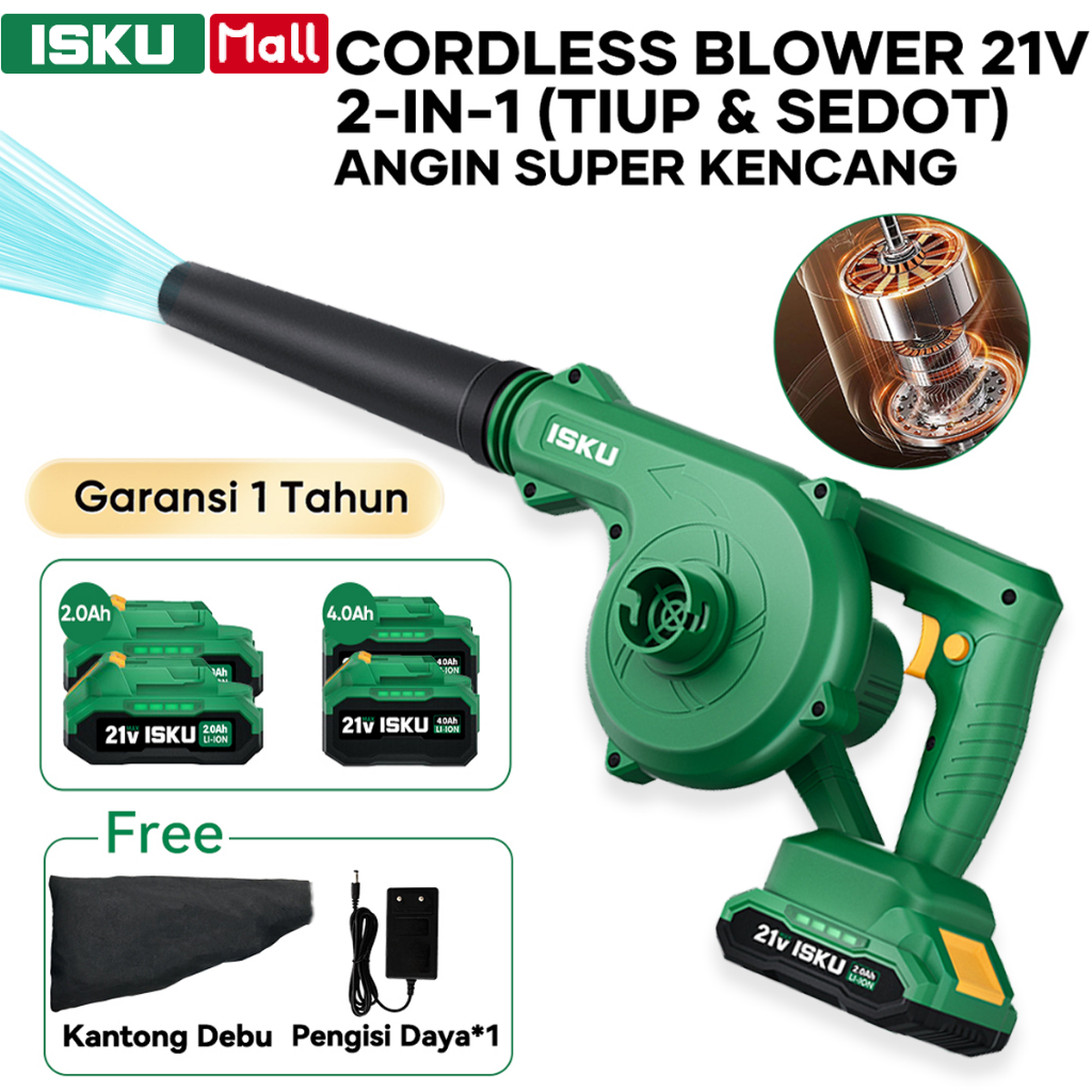 ISKU 21V Blower Baterai 2 in 1 Lithium Portable Blower Cordless Motor Tembaga - Tiup Hisap dan Debu, Cocok untuk Pembersihan Rumah ,Mobil dan Pembersihan Daun