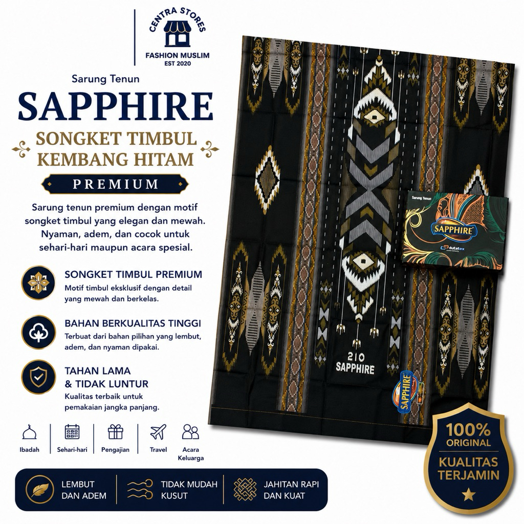 Sarung Sapphire Songket Timbul Kembang STK Hitam Original