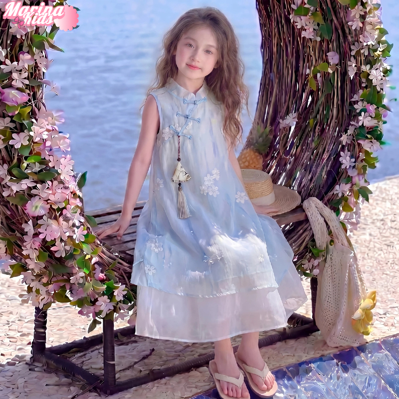 Marina Dress Anak Perempuan Qipao Lengan Tanpa Gradien Biru foto 2