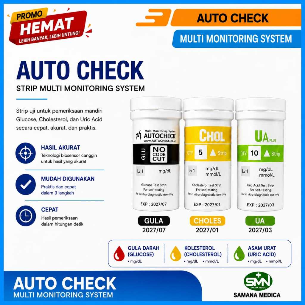 Jual Strip AUTOCHECK 3 In 1 Refil Gula Darah 10 Strip / Kolesterol 5 ...