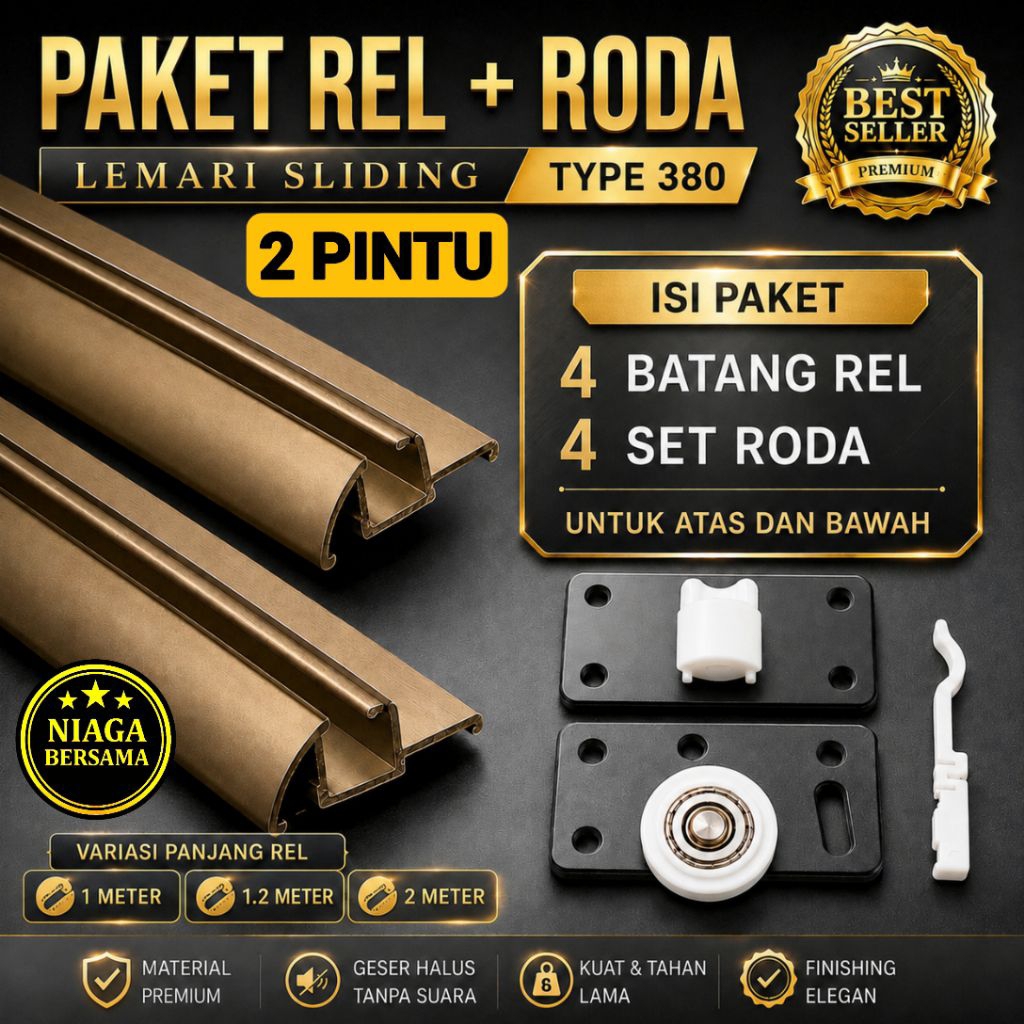 Rel Sliding Lemari 2 Pintu Type 380 1M 1,5M 2 Meter Model Timbul Plus Roda Geser Komplit
