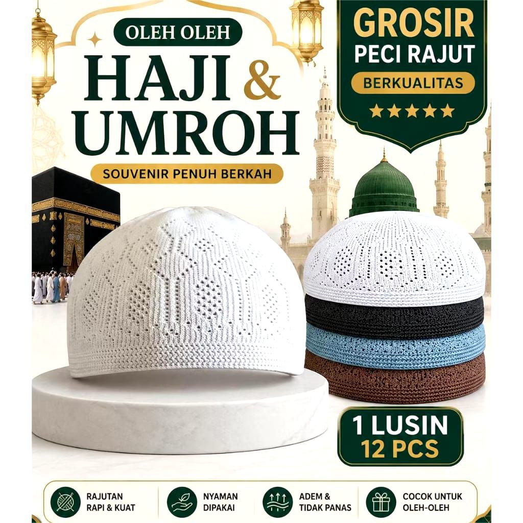 GROSIR 12 PCS Peci Rajut Dewasa Peci Mercan Soylu Peci Haji dan Umroh Peci Turky Kopyah Seri Nabawi