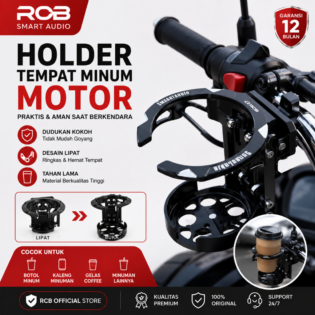 RCBss Holder Gelas Motor Tempat Botol Minum Spion Motor Cup Holder Motor Tempat Gelas Stang Universal Anti Selip