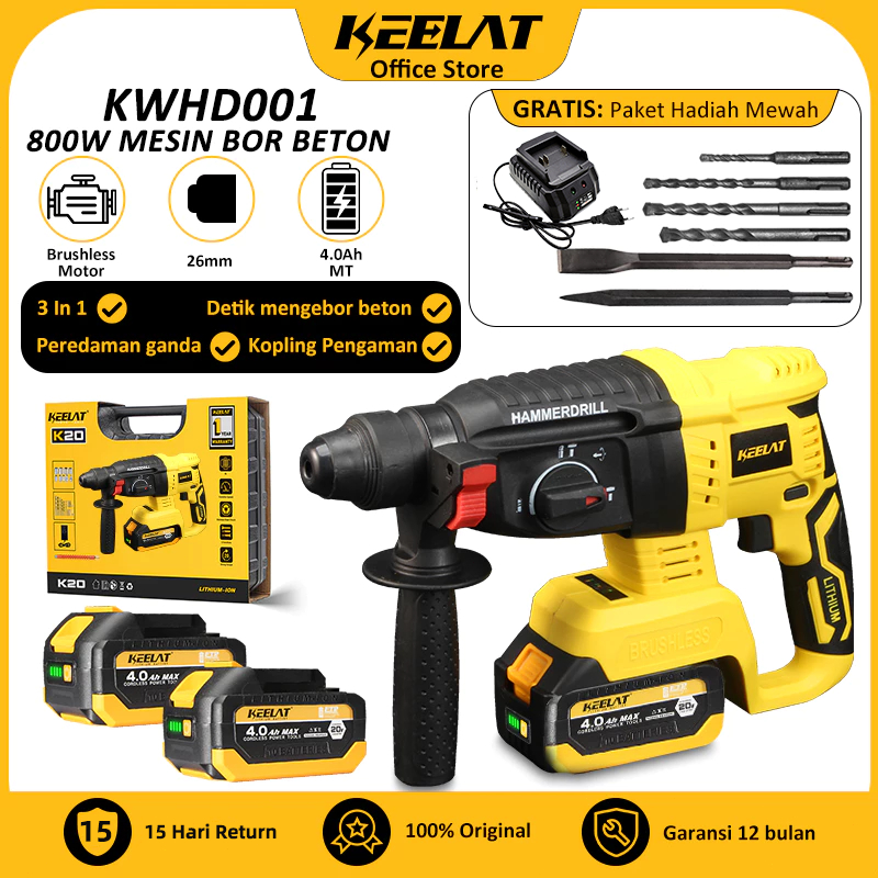 KEELAT KWHD001  Brushless Bor Beton 10 mm  Bor Palu Dampak Putar Berat Tanpa Kabel