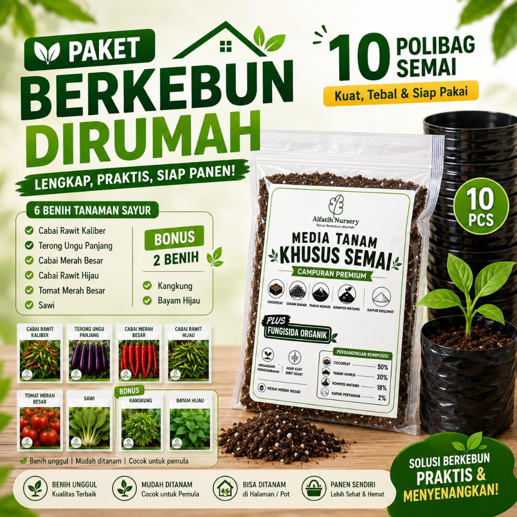 Paket Berkebun Media tanam + Polibag + 8 Benih Tanaman
