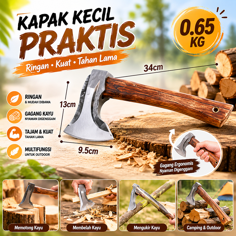 Kapak Kayu Tempa Gagang Kayu Portabel Untuk Membelah Kayu Berkemah Luar Ruangan