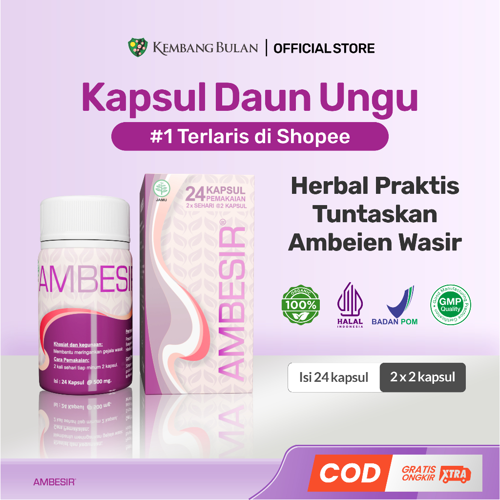 Kembang Bulan Ambesir isi 24 kapsul - Obat Herbal Daun Ungu Wasir Ambeien Ambeyen Paling Ampuh Original