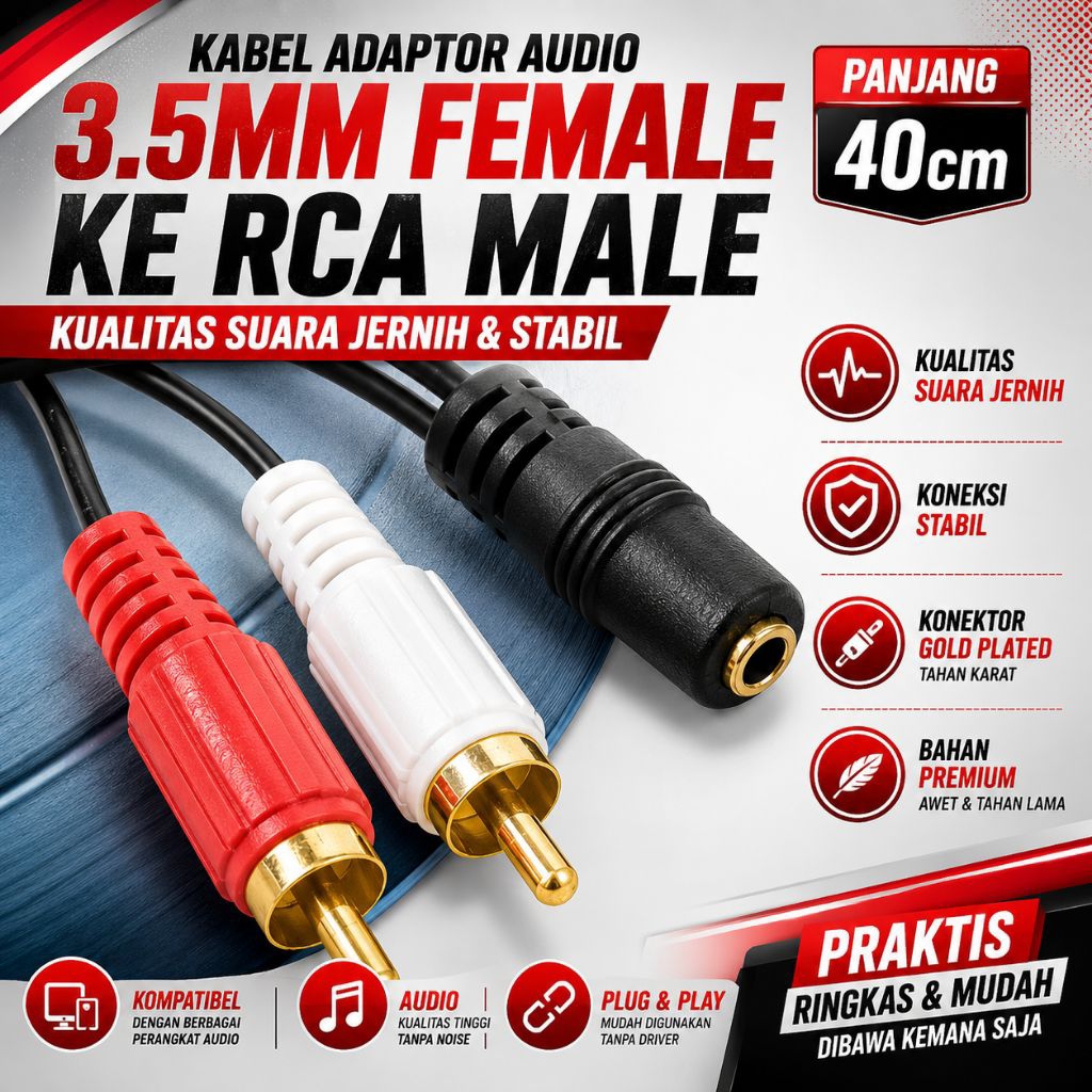 Jual Kabel RCA to Aux Female 3.5mm Panjang 40cm | Shopee Indonesia