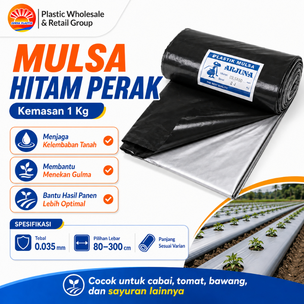 Mulsa hitam perak  lebar 80 cm / 100 cm / 120 cm kemasan 1kg