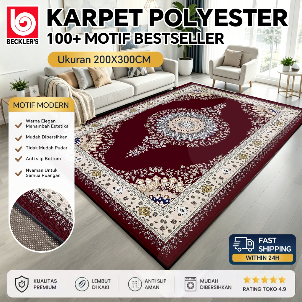 (Beckler's) PROMO LOKAL Karpet Lantai Eropa 200X300CM Motif Elegan Anti Slip Ruang Tamu