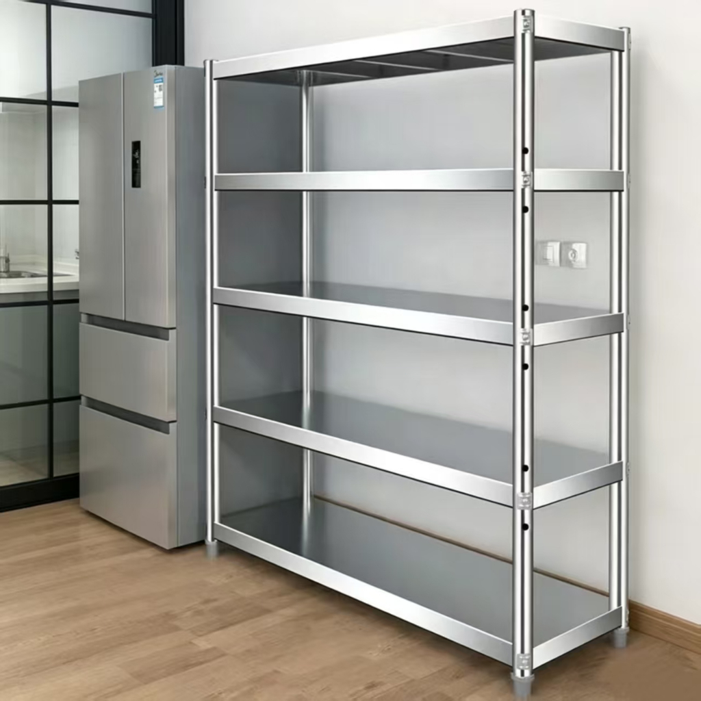 SUS 304 Rak Dapur Stainless 5 Tingka Rak Serbaguna Kuat Anti Karat Penyimpanan Alat Masak Dapur Gudang Mudah Dibersihkan