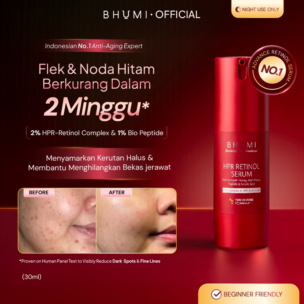 Bhumi HPR Retinol Serum 30ml / 18ml - Serum Anti Aging Advance untuk Menyamarkan Garis Halus, Kerutan & Flek Hitam, Mencerahkan Kulit & Membantu Menghilangkan Jerawat serta Bekasnya