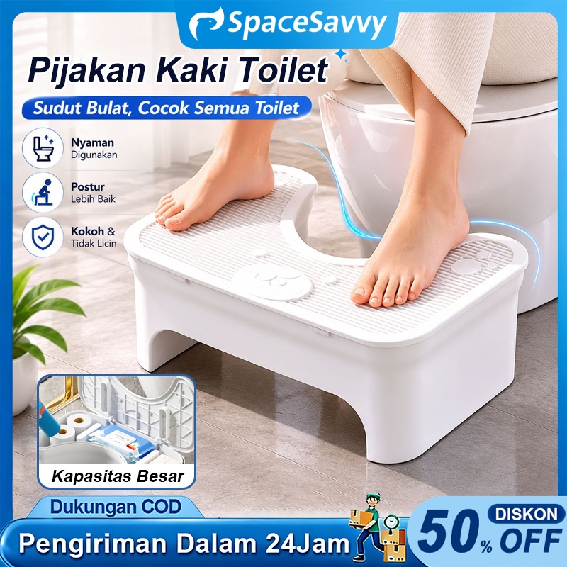 SpaceSavvy Bangku Kaki Toilet Yang Dipertebal Dudukan Toilet Dengan Penyimpanan Bangku Kamar Mandi Anti Selip Dan Mudah Dibersihkan