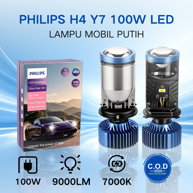 Philips H4 Y7 LED Lampu Mobil 100W 9000 Lumens Putih Dingin 7000K PlugPlay Tanpa Modifikasitanpa bor lubang