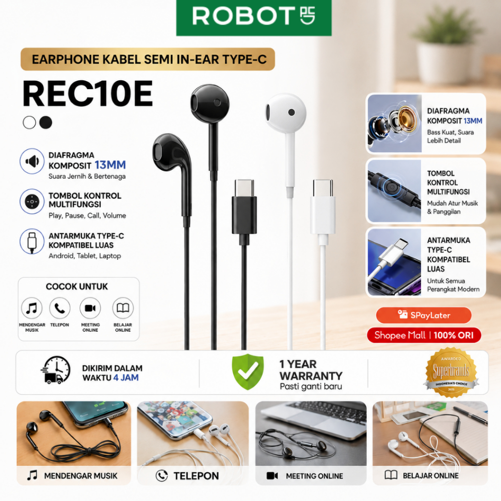 Jual ROBOT Earphone Type C HD Stereo Bass 13mm Mic Jernih Semi In Ear ...