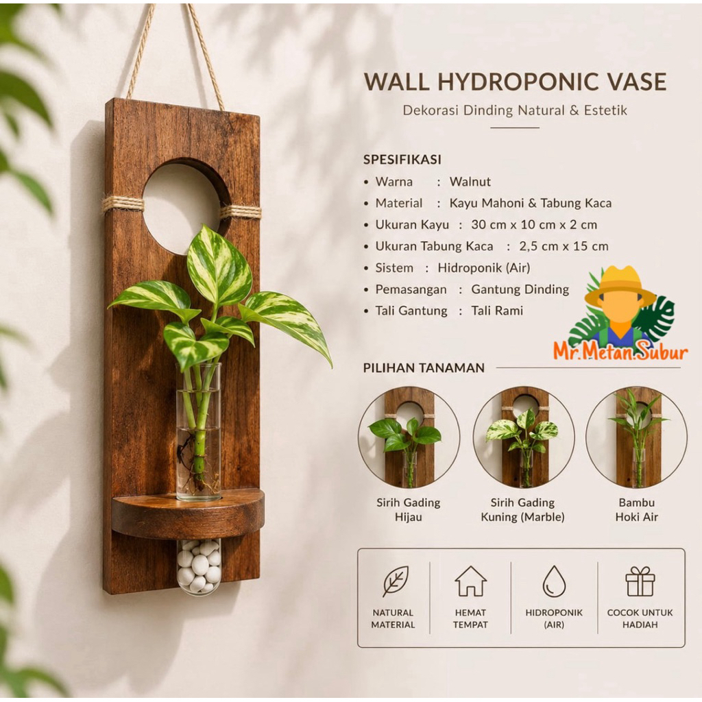 Wall Hydroponic Vase Kayu Walnut | Vas Tanaman Gantung Estetik Minimalis