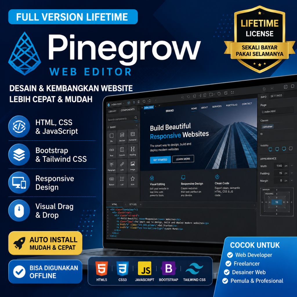 Pinegrow Web Editor Pro Full Version Lifetime | Website Builder HTML CSS Bootstrap Tailwind | Auto Install