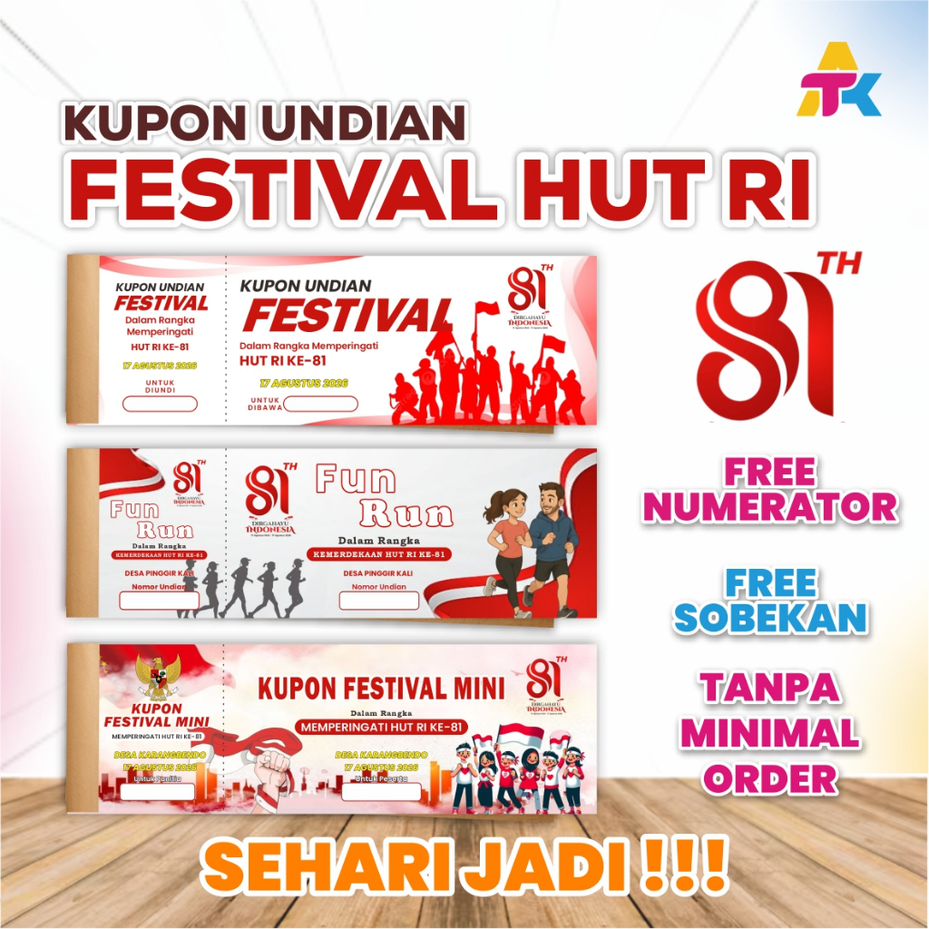 Kupon Undian Festival 17 Agustus HUT ke 81 - Full Color Premium [ ATK INDONESIA ] Kupon Agustus Jalan Santai Sehat Hadiah Design full warna Karcis Kemerdekaan Cetak Custom Full Free Nomor Undian