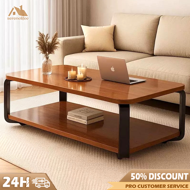 COD Meja Ruang Tamu Minimalis Meja Kopi Besi Meja Kayu Serbaguna Minimalis Modern Meja Kopi Modern Warna Walnut  2 Lapisan Multifungsi, Ukuran 80/100cm - Ideal untuk Ruang Tamu Stylish!