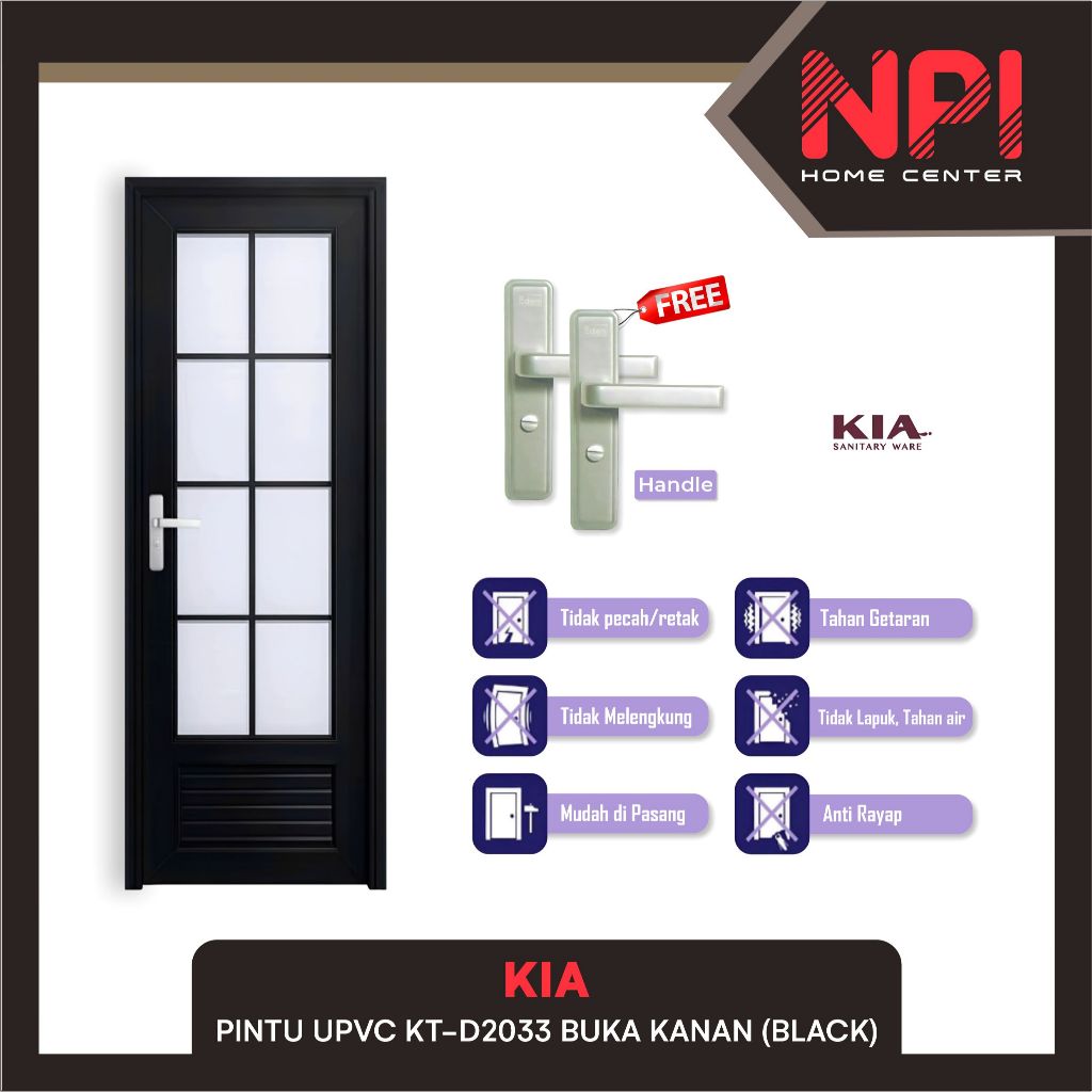 Kia - Pintu Kamar Mandi / Toilet / WC KT-D2033 UPVC Black Hitam 70x200 Handle Kiri Buka Kanan