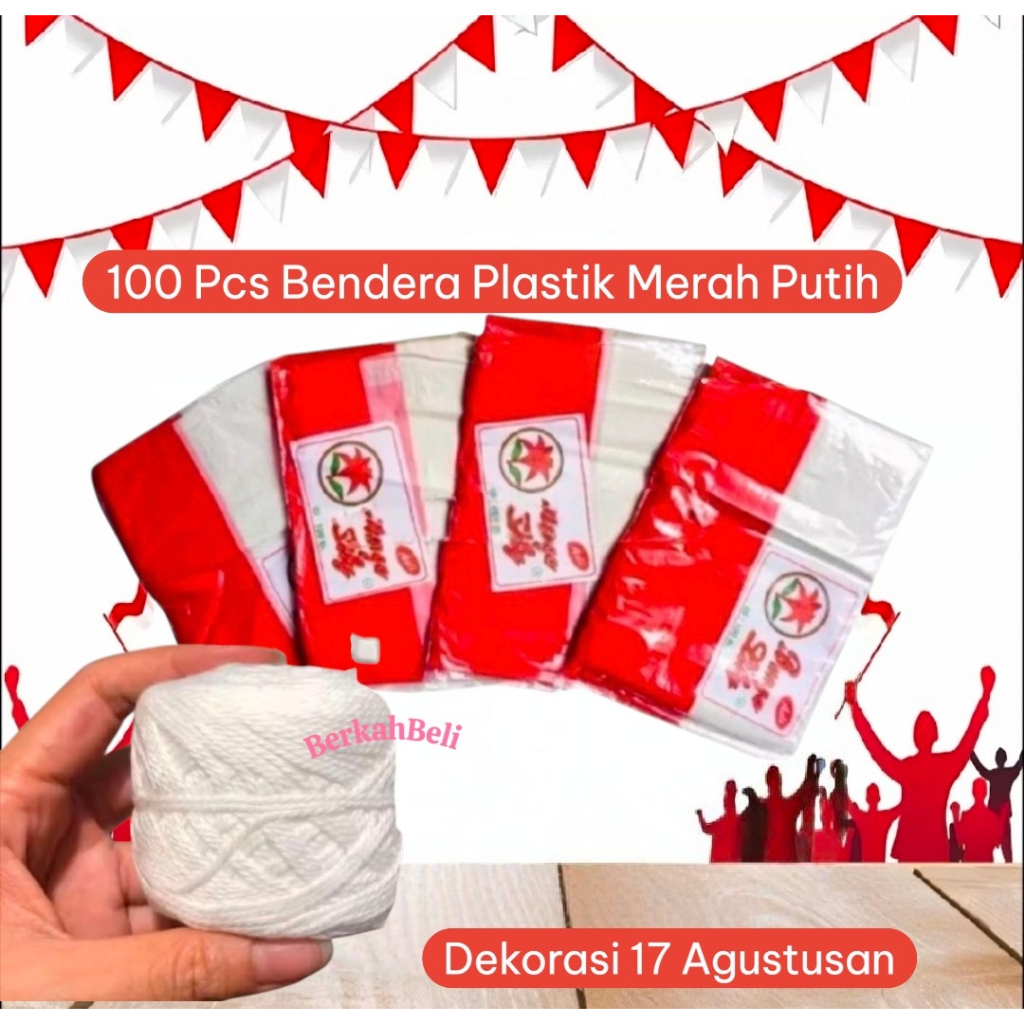 100 Lembar Bendera Plastik Merah Putih Sudah Lengkap Tali / Bendera Merah Putih Dirgahayu 17 Agustus/ Dekorasi HUT RI
